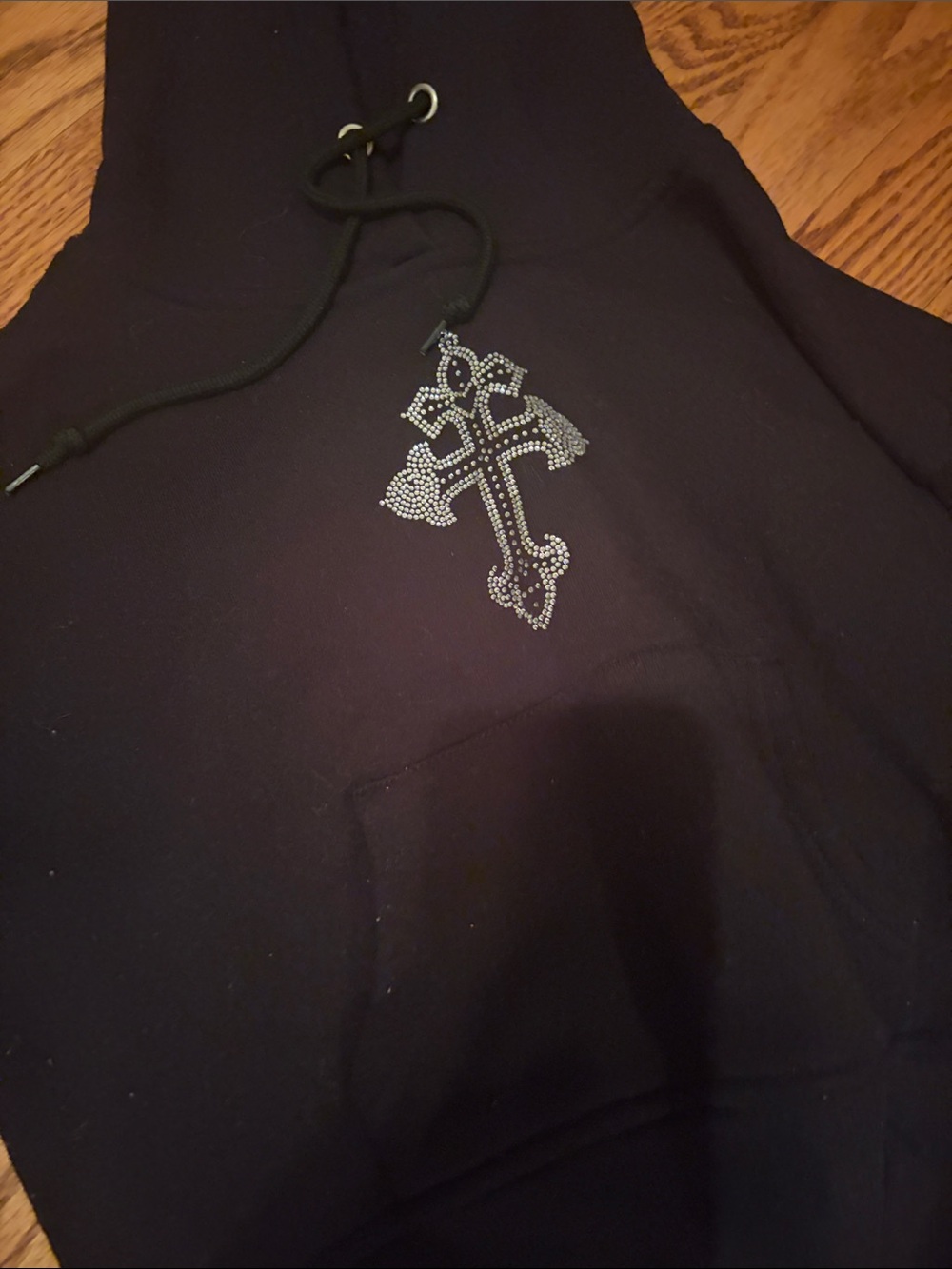 Black Hoodie with Rhinestone Cross Detail